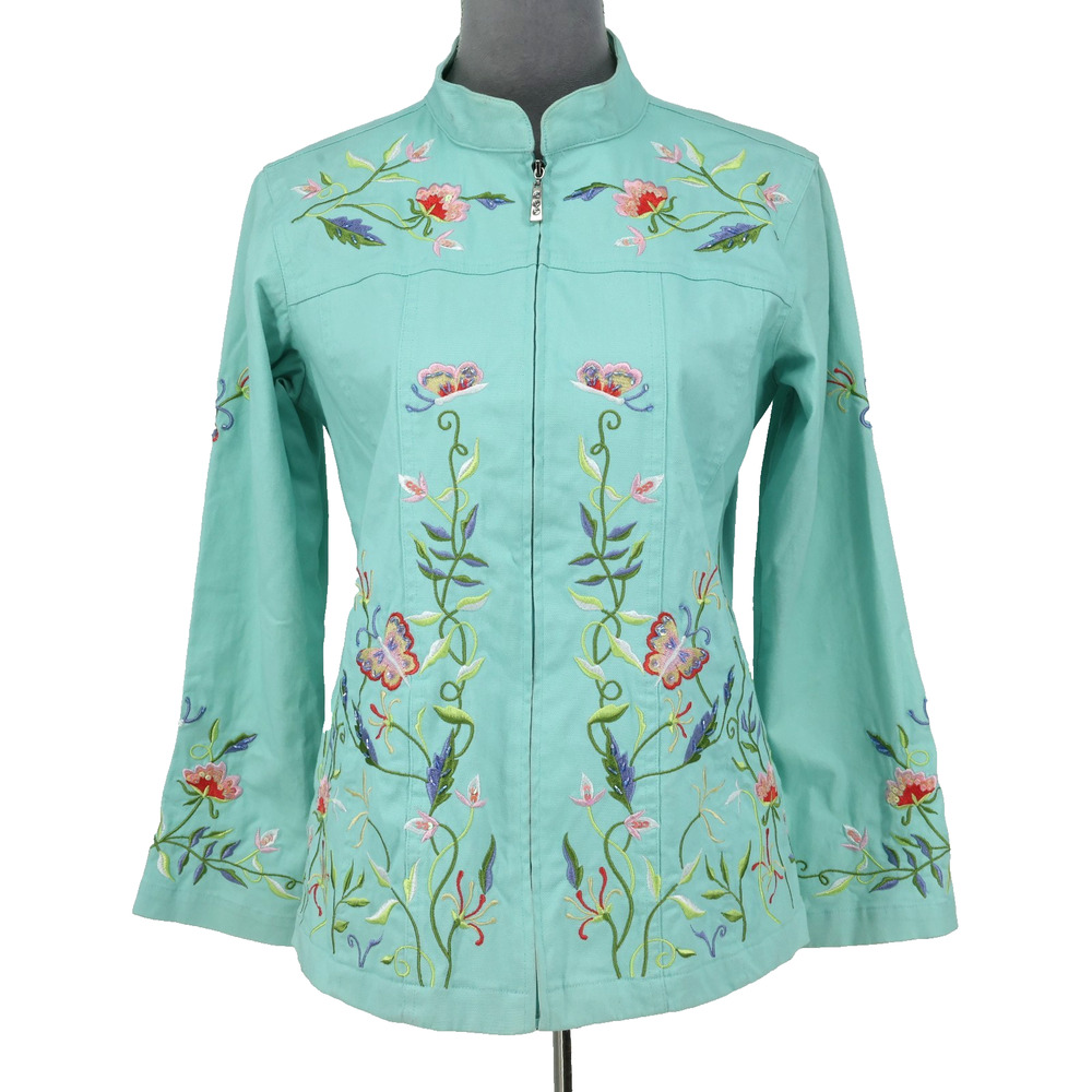 Quacker Factory Jacket Womens XS Blue Green Embroidered Stretch Cotton Twill Zip
